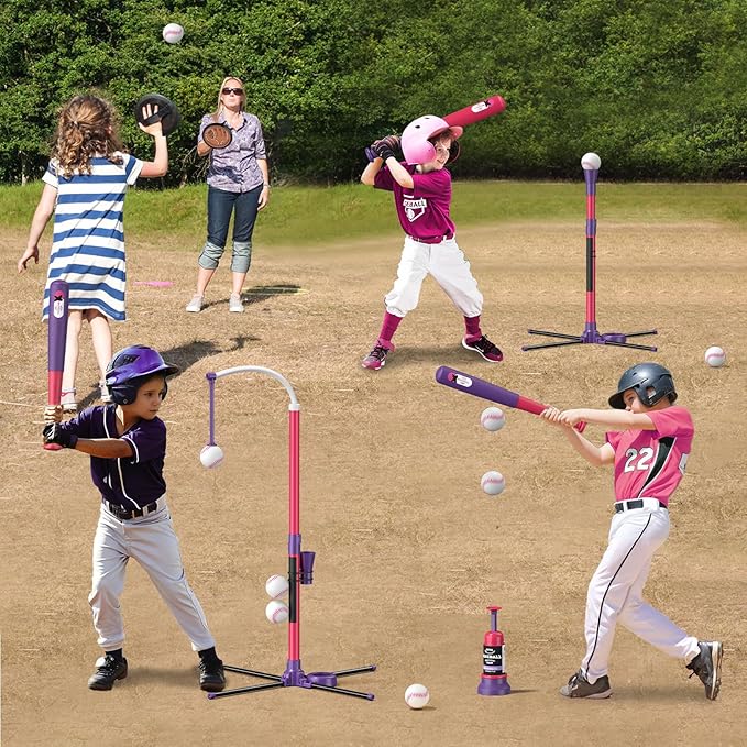 QDRAGON 4 in 1 Tball Set for Toddlers 3-5 with Toss and Catch Ball Set / 2 Bats, Hanging Tee Ball Stand with Auto Pitching Machine, Indoor Outdoor Sport Toys Games Christmas Birthday Gifts for Girls