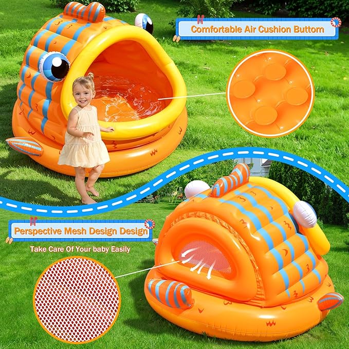 FUN LITTLE TOYS Inflatable Baby Pool with Shade, Kids Blow Up Pool with Canopy, Kiddie Pool for Indoor Outdoor Summer Swimming Floats for Toddler 3-48 Months