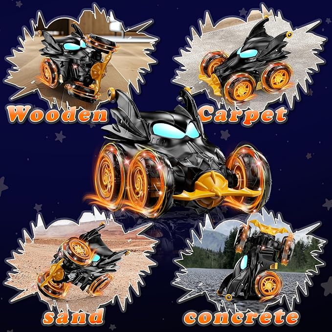 Bat Remote Control Car for Boys, 360° Rotating 4WD Stunt RC Cars with Cool Lights, Rechargeable Car Toys Birthday Gifts for Kids Boy Age 3 4-6 6-8