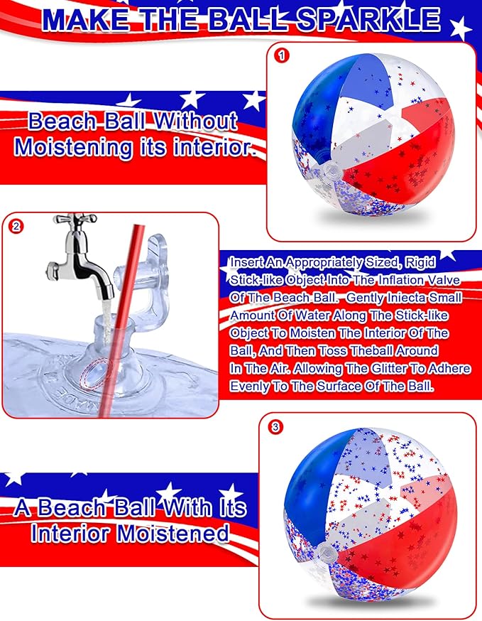TURNMEON 12 Pack Inflatable Patriotic Beach Ball Bulk 16" Pool Toys Balls with White Red and Blue Stars Glitters Clear Beach Balls Summer Swimming Pool Game Water Beach Toy 4th of July Party
