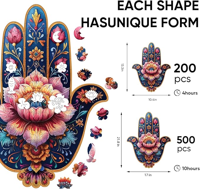 Hamsa Wooden Puzzles, 200 Pieces Hand Jigsaw Puzzles 13.3'' x10.4'', Unique Design Liberty Wooden Puzzles for Adults and Kids, Family Game Gift Medium Size