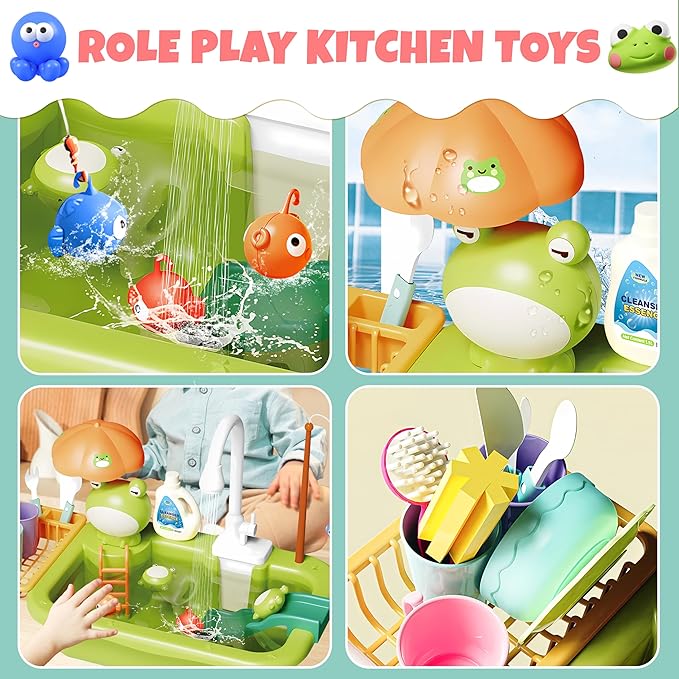 Play Sink with Running Water for Toddlers, Play Kitchen Sink Toy with Electric Faucet for Kids, Pretend Play Dishwasher Play Set with Floating Pool Toys and Fishing Game for Boys Girls