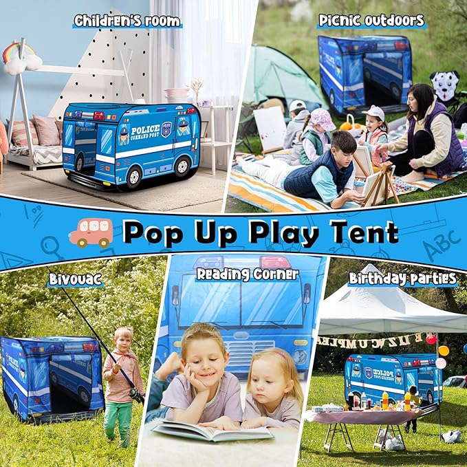 Pop up Play Tent for Kids Aged 1-3 Years Old Boys and Girls : Police Car Playhouse Toy Play Tents for Toddlers 3-5 Kids Tent Indoor Outdoor Playhouse Toys for 1 + Year Old, Police Car