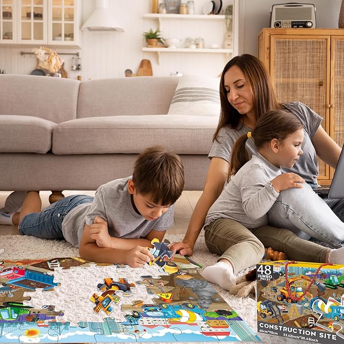 48 Pieces Jumbo Floor Puzzles for Kids ages 3-5, Puzzle for Kid Ages 4-6, Construction Site Jigsaw Large Puzzles, Children Learning Preschool Educational Toys, Great Gift for Kids 4-8 Years Old