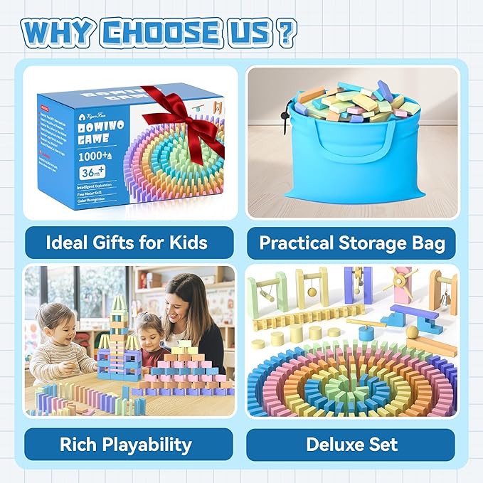 VigorFun 1000+ PCS Dominoes Set for Kids - Wooden Dominos with Extra Blocks and Storage Bag, Building Stacking Game Toys for 3+ Year Old Boys Birthday Gifts