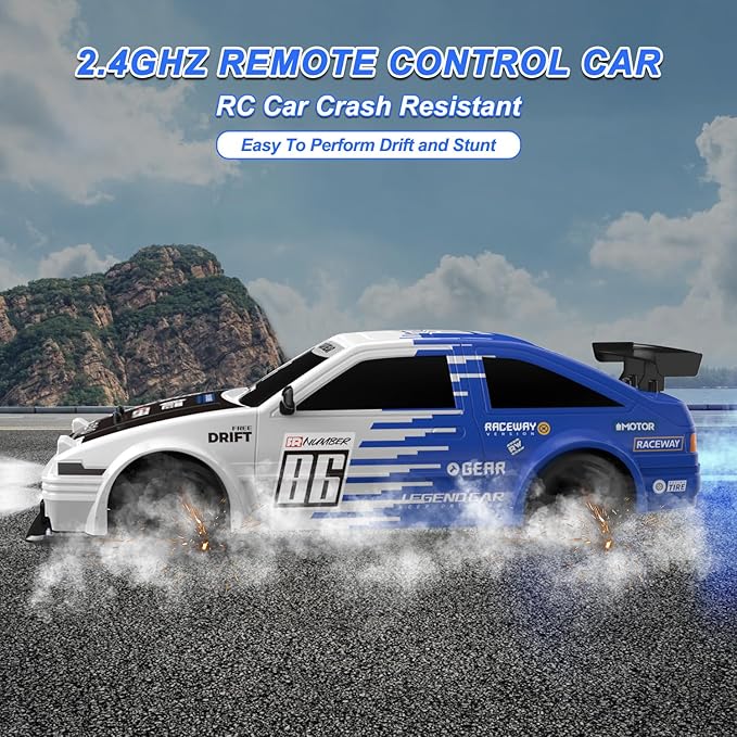 RC Drift Car Remote Control Toy Rally Sport Car 1:16 4WD 18KM/H High Speed Model Vehicle 2.4GHz 2 * 7.4V 500mAh with LED Lights Spray Rubber Tire Off-Road Vehicle Truck Hobby Toys Adults & Kids
