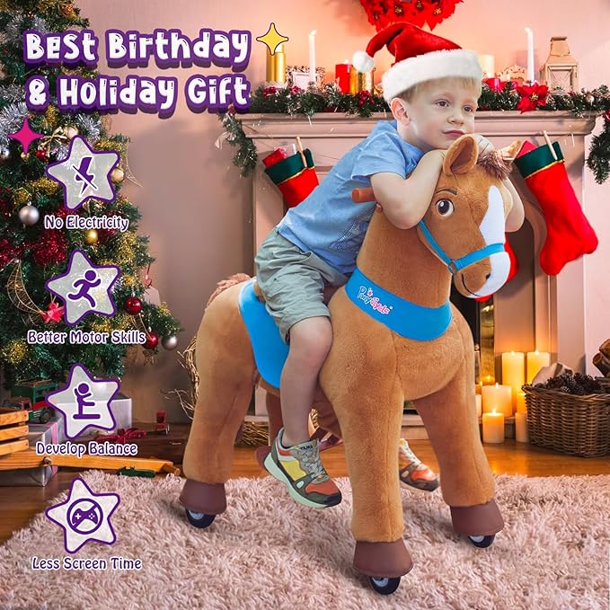PonyCycle Ride on Toy Riding Horse Ride-on Horse for Toddler Riding Pony Toy (with Brake/ 30" Height/Size 3) Plush Animal Mechanical Pony Rider with Wheels Spirit Toys Birthday Surprise Brown E337