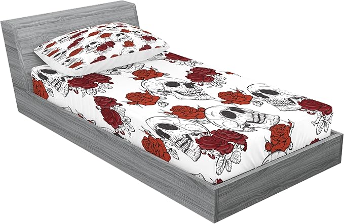 Ambesonne Skull Fitted Sheet & Pillow Sham Set, Retro Gothic Dead Head Skeleton with Roses Halloween Theme Spooky Trippy Romantic, Decorative Printed 2 Piece Bedding Decor Set, Twin, Grey