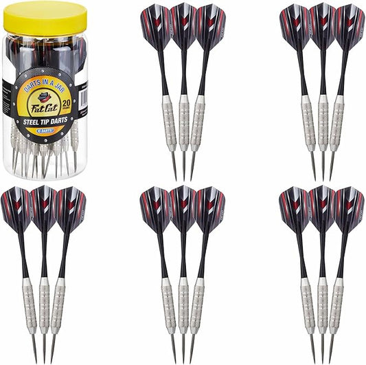 Fat Cat Darts Set in a Jar: Steel Tip Darts with Storage/Travel Container, 20 Grams (Pack of 15, 21 and 27 Darts)