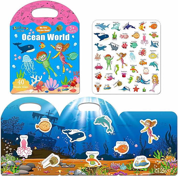 Reusable Sticker Books for Toddlers 1-3, Stickers for Kids, Reusable Stickers for Toddlers 2-4 Years, Airplane Train Car Travel Essentials Toy for Kids Girls Boys (Fairy Tale+Ocean World)