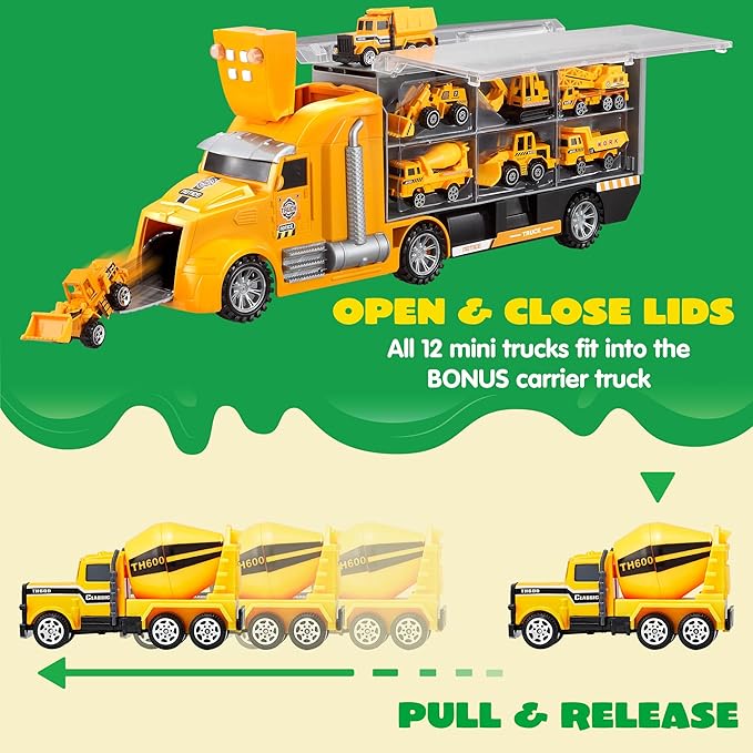 JOYIN 25 in 1 Die-cast Construction Play Vehicle Set, Vehicles with Sounds and Lights in Carrier Truck, Push and Go Car Toy, Kids Birthday Gifts for Over 3 Years Old Boys