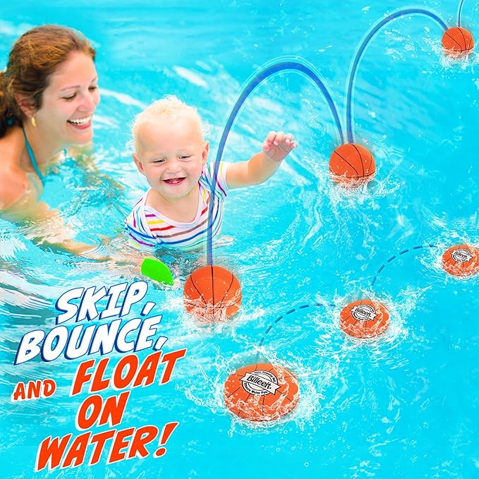 4Pcs Water Skipping Balls for Pool Play(Basketball Theme), Water Pool Beach Swim Toys for Kids Ages 4-8, 8-12 and Adults, Include 2 Balls and 2 Discs