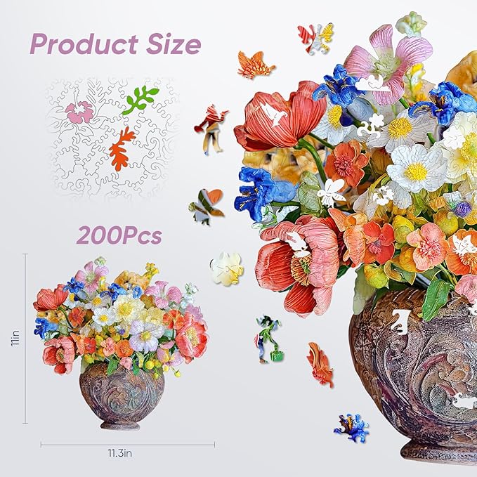 Flower Wooden Puzzles for Adults, 200 Pieces Vase Jigsaw Puzzles, Unique Shaped Medium Size Liberty Wood Puzzle Birthday Gifts for Mom Adults and Kids, Family Game 11'' x 11.3''
