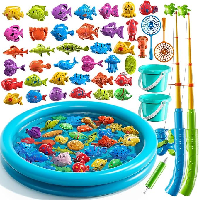 Magnet Fishing Toys Game for Kids 3-5 - Floating Fish Toys with Inflatable Kiddie Pool, Bath Toys for Toddlers, Pole Rod Net, Outdoor Party Toys for Boys Girls Kids Age 3 4 5 6 7 8 Year Old