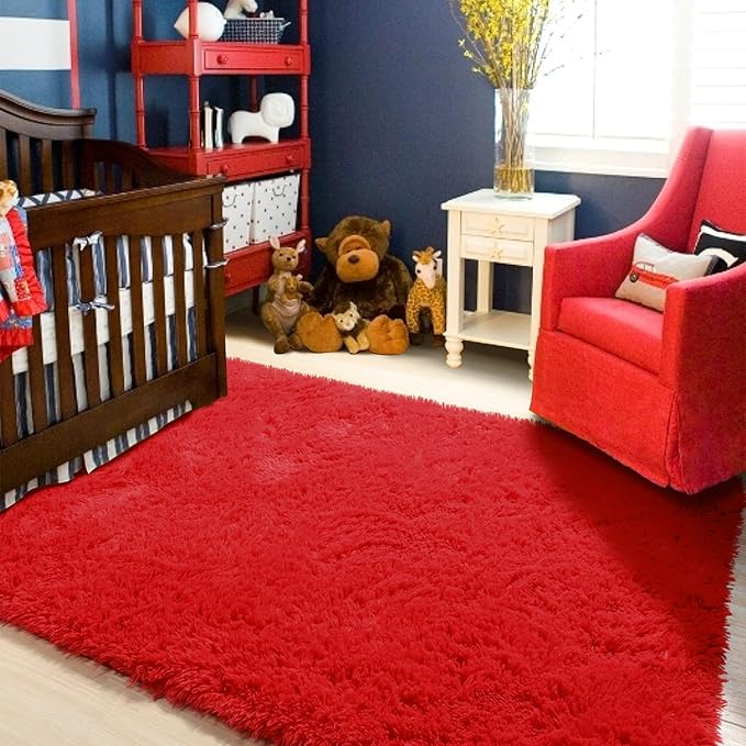Amdrebio Red Area Rugs for Living Room Bedroom Decor, Red Carpet, Christmas Rug 5x8, Fluffy Shaggy Fuzzy Furry Throw Rugs for Kids Room Dorm Nursery Classroom, Shag Plush Rug for Teen Boys Playroom