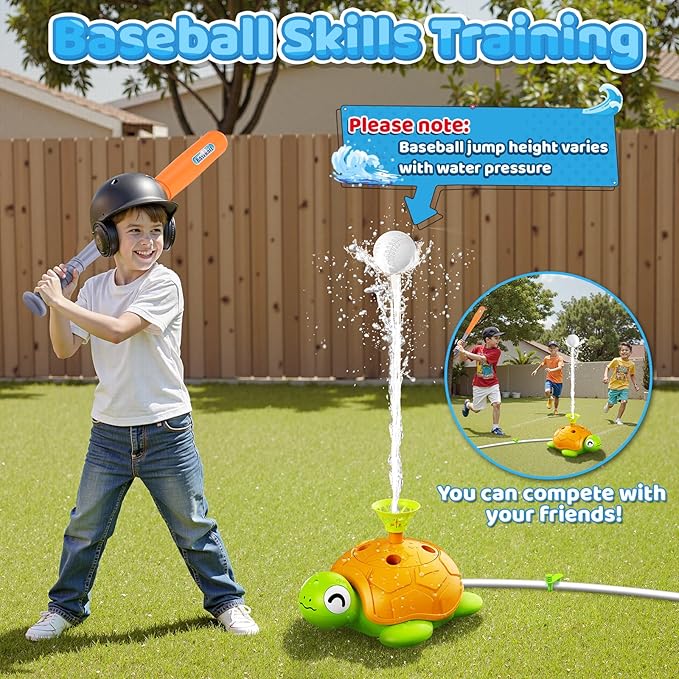 4-in-1 Turtle Water Sprinkler Toys for Kids - Summer Oudoor Toy with Baseball Ringtoss Tubes - Outside Yard Lawn Backyard Park Garden Pool Games for Age 3 4 5 6 7 8 Year Old Toddlers Boys Girls Gifts