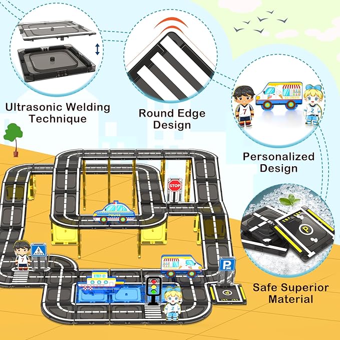104 PCS Magnetic Tiles Road Set, STEM Magnet Building Blocks for Kids Toddler Toys Games, Christmas Birthday Gifts for 3+ Year Old Boys Girls, Car Enthusiasts and Classroom Must Haves
