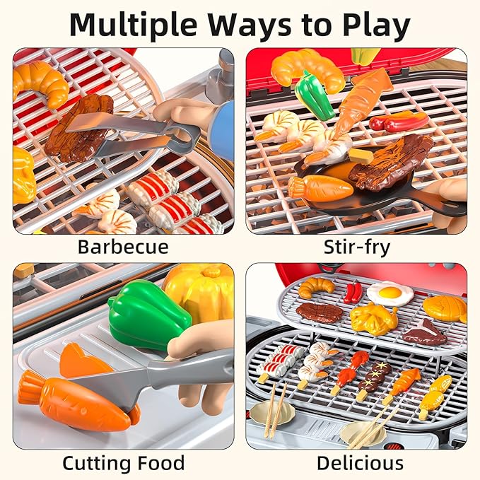 Kids Play Kitchen Toys, BBQ Grill with Smoke for Kids Ages 3 4 5 6 7, 2-Layer Barbecue Toys Play Food Set with Sound Light, Indoor Outdoor Cooking Toy for Boys Girls 3-5, Birthday Gifts