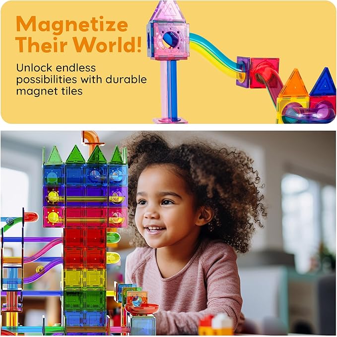 PicassoTiles Marble Run 120 Piece Magnetic Building Blocks Magnet Tile Construction Toy Playset STEM Learning Educational Block Child Brain Development Kids Toys for Boys and Girls Age 3 and Up