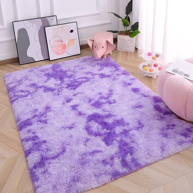 AROGAN Soft Rainbow Area Rugs for Girls Room 4x6 Feet, Fluffy Girls Bedroom Rugs, Princess Rug, Cute Colorful Carpet for Kids Teens Nursery Toddler, Purple