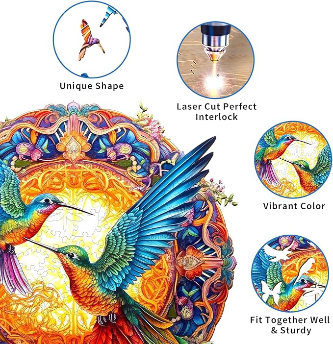Wooden Jigsaw Puzzles, Mandala Hummingbirds (300pcs-L-13.8 * 13.8in) Wooden Puzzles for Adults Kids, Unique Shape Animal Wood Puzzles Adults Birthday Gifts