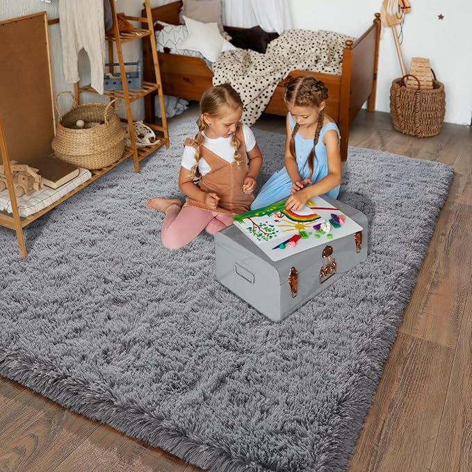 Super Fluffy Throw Rug for Bedroom, Modern Shag Grey Area Rugs, Soft and Cozy Plush Small Carpet for Kids,Girls Boys and Teens Decorations for Living Room Dorm Nursery Classroom, 2x3 Feet