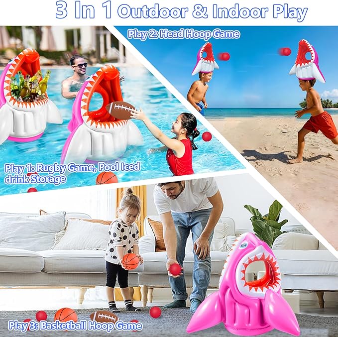 Shark Pool Toys, 3-in-1 Inflatable Pool Floats Basketball & Football & Head Hoop Toss Water Games Fun Beach Outdoor Activities for Kids Adults, Family Party Gift for Boys Girls 3 4 5 6 7 8 9