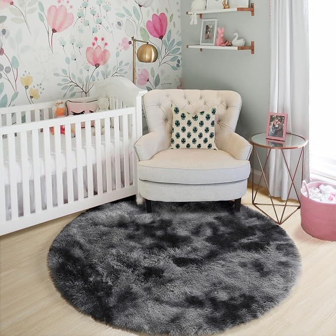 Amdrebio Tie-Dyed Dark Grey Round Area Rugs for Living Room, 7x7 Rug, Soft Thick Large Circle Rug for Bedroom, Big Shag Fluffy Plush Carpet for Mens Boys Kids Room, Modern Cool Furry Circular Rug