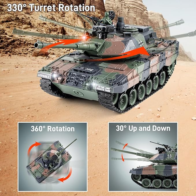 1:18 RC Tank, 2.4Ghz German Leopard II Remote Control Model Toys, Battle Army Tank 15 Channel with Smoke Light and Sound, Military Toy for Adults and Kids That Shoots BBS and Water Bombs
