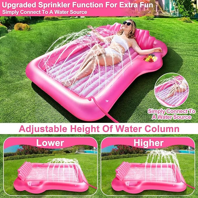 Inflatable Tanning Pool Lounger Float with Sprinkler, 71" x 47" Large Pool Floats Adult with Pillow Cooler Tray, 6 in 1 Suntan Tub Raft Floatie Sunbathing Bed Water Summer Backyard Fun L-Pink