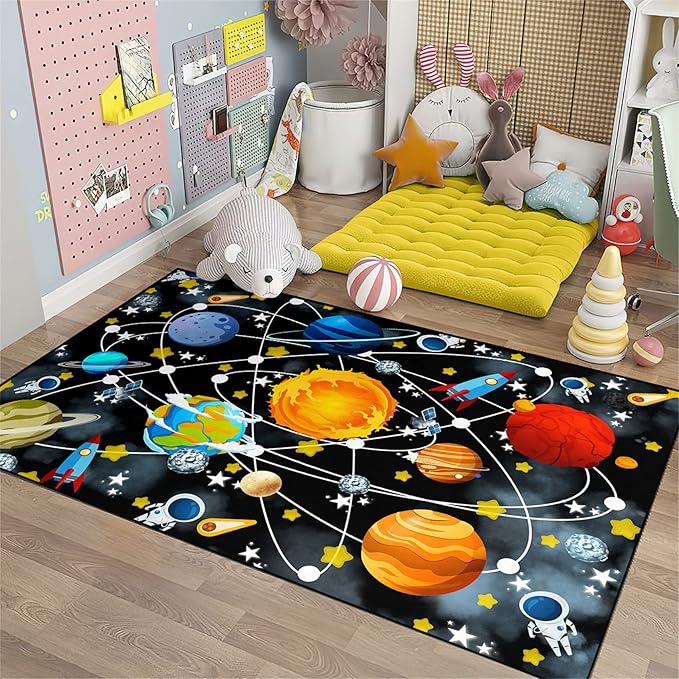 Blue Space Rugs Educational Learning Large Size Solar System Carpet Rugs Kids Rug for Bedroom Boys Space Area Rug Living Bedroom Dining Room Decor, 3'×4'