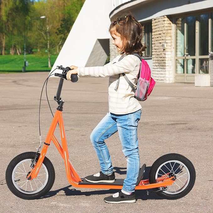 Goplus Youth Kick Scooter, Kids Kick Scooter W/ 12-Inch Air Filled Wheels, Carbon Steel Frame, Adjustable Handlebar, Front and Rear Dual Brakes, Ride On Toys for Adults Teens 8+