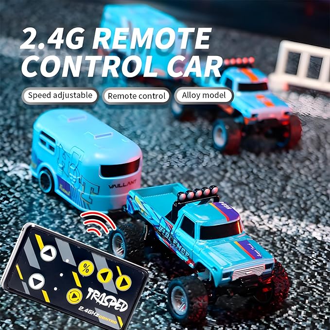 Atlodas Mini Rc Truck, Mini RC Monster Truck, 1:64 Scale Monster Truck Remote Control Car with Lights, 2.4Ghz Remote Control, Speed/Steering Adjustable (Grey)