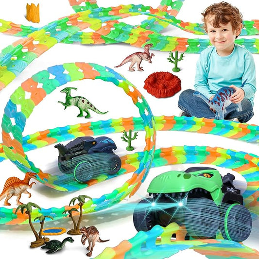 APEO Dinosaur Train Set for Kids Ages 4-8 Dinosaur Toys for Kids 3-5 Race Tracks for Kids Ages 3-5 Contains Glow Race Tracks and LED Toy Cars Car Tracks Gifts for 4 Year Old Boys