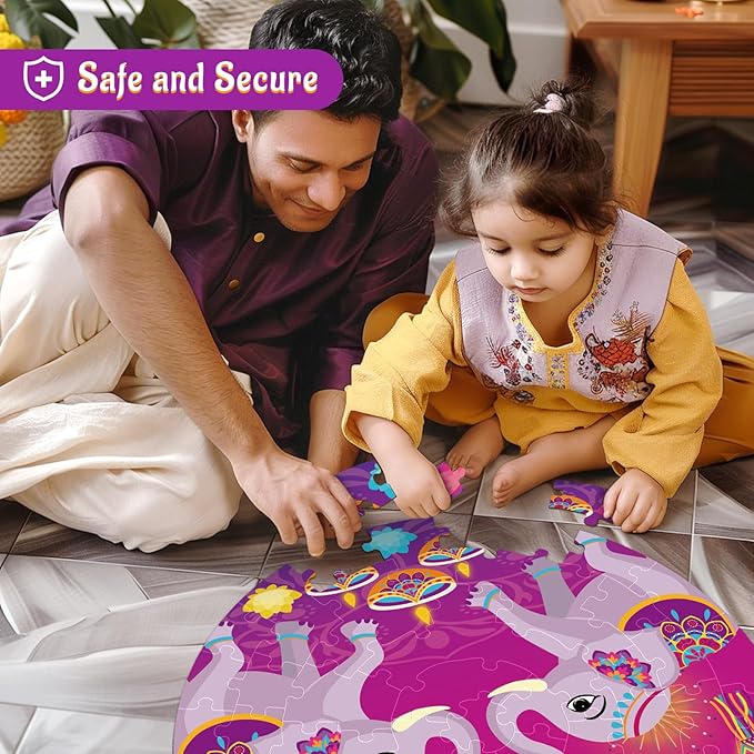 Rangoli Diwali Puzzle for Kids 70 Pieces Double Sided Large Mandala Floor Puzzle 22", Indian Holiday Decorations Gifts for Kids 3+ Party Favors