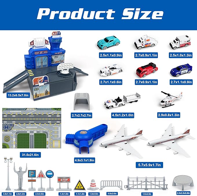 Airplane Toy Set with Trucks, Helicopter, Planes, Signs and Airport Playmat, Interactive Early Learning Toys for Boys Girls, Great Gift for Birthday