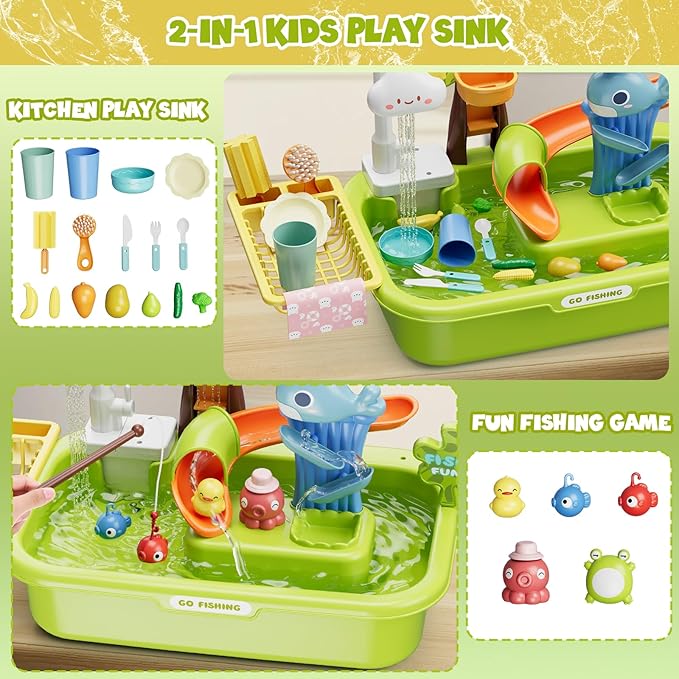 3 in 1 Play Sink with Running Water, Play Kitchen Sink Toy with Electric Faucet/Play Food/Pool Toys/Fishing Game, Pretend Play Water Table for Toddlers 3-5, Water Toys for Kids Ages 4-8