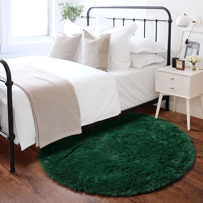 ONASAR Dark Green Round Area Rug 4x4, Soft Bedroom Circle Rugs for Kids Girls Teen Room, Cute Furry Plush Shaggy Carpet for Baby Nursery Living Room Playroom Dorm Christmas Home Decor