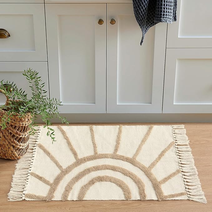 OJIA Boho Bathroom Rug 2'x3', Handwoven Washable Bath Mat with Tassels, Bohemian Beige Small Rug Entry Rug, Farmhouse Tan Sun Tufted Kitchen Runner Cotton Throw Rug for Bedroom/Laundry Room