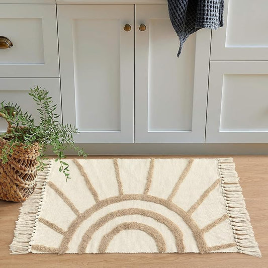 OJIA Boho Bathroom Rug 2'x3', Handwoven Washable Bath Mat with Tassels, Bohemian Beige Small Rug Entry Rug, Farmhouse Tan Sun Tufted Kitchen Runner Cotton Throw Rug for Bedroom/Laundry Room