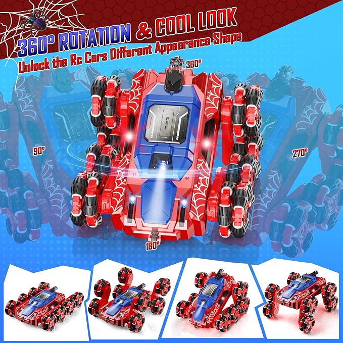Spider Remote Control Cars Toys, 8WD Off Road Stunt Car with Gesture Sensing, Drift RC Car with LED Light, Music and Spray, Toys Gifts for 6 7 8-12 Years Old Boys Girls (Red)