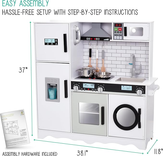 Lil’ Jumbl Kids Kitchen Set, Pretend Wooden Play Kitchen, Battery Operated Icemaker, Microwave, Range Hood, Stove Top, Oven, with Realistic Sound & Lights, Pots, Pan, & Utensils Included