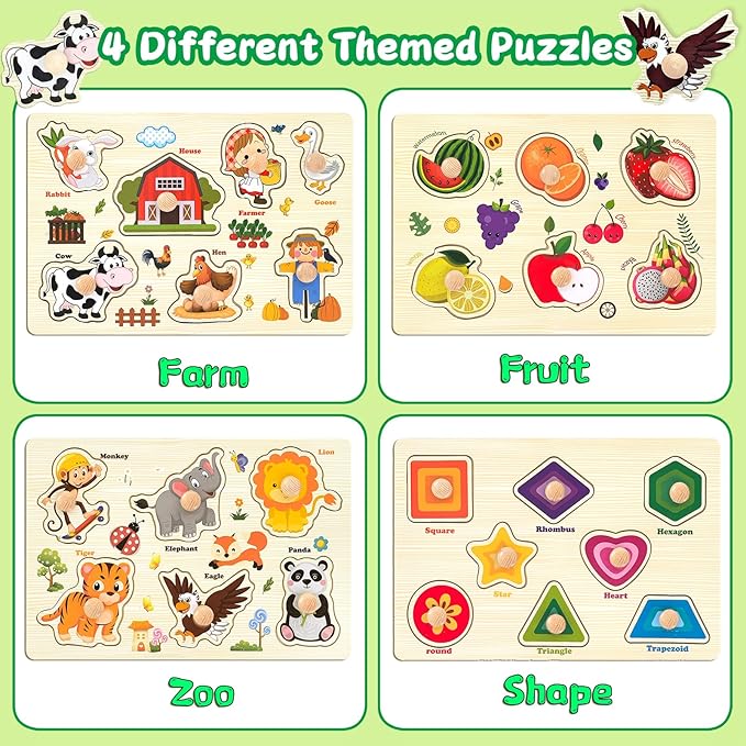Wooden Puzzles for Toddlers, 4 Pack Montessori Toys Preschool Learning Puzzles for Baby, Farm, Shapes, Animals, Fruits Wooden Peg Puzzles for Boys and Girls (4 Pack)
