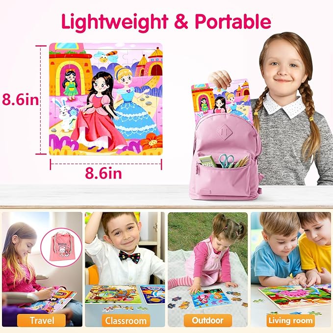 4SET Puzzles for Kids Ages 4-6 - 48 Pcs Wooden Realistic Montessori Toddler Puzzles Ages 3-5 - Princess Mermaid Insect Learning Games for Boys and Girls 4-8 Year Olds