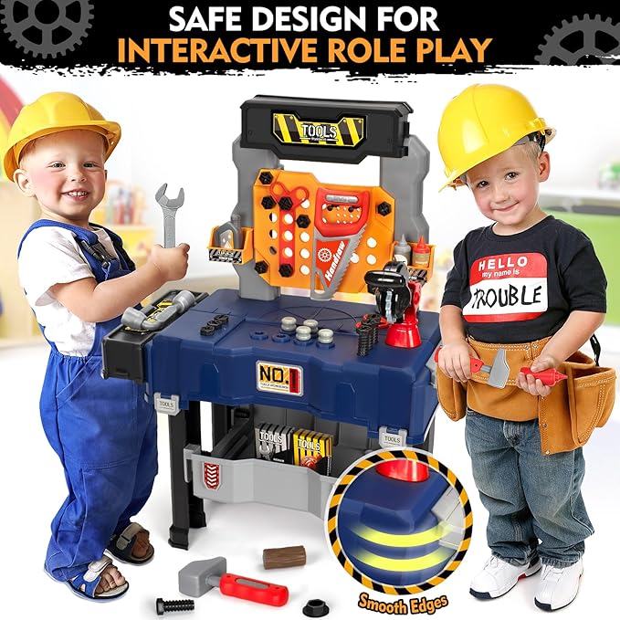 Kids Tool Bench with Electric Drill and Chair, Christmas Birthday Gift for Boys Girls Age 3,4,5+ Fun Play Kids Workbench, Transformable Toddler Tool Box Set, Construction Tool Toys for Toddler 3-5