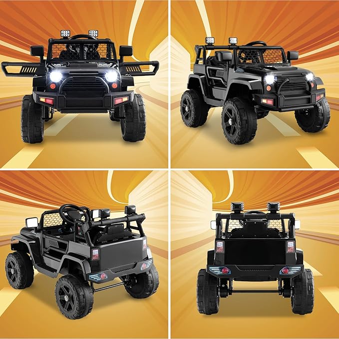 Costzon Ride on Car, 12V Battery Powered Truck Vehicle with Remote Control, Spring Suspension, Headlights, Music, Horn, MP3, USB & Aux Port, Gift for Boys Girls, Electric Car for Kids (Black)