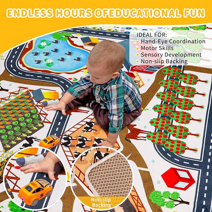 Kids Rug Play Mat for Toy Cars, 59"×78.7" Farm Life Road Traffic for Playroom Kids Car Road Rugs Village Map Play Mat Non-Slip Washable Play Rug for Toddlers Boys Room Family Tummy Time Playtime White