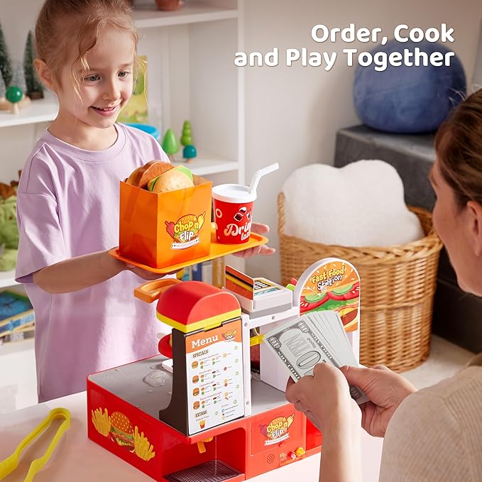 Play Kitchen Toddler Toy - 40+ PCS Fast Food Station with Potato Cutter, Simulated Frying Effect & Lights, Order & Drink Station - Pretend Play Food Toy Birthday Gift for Boys Girls