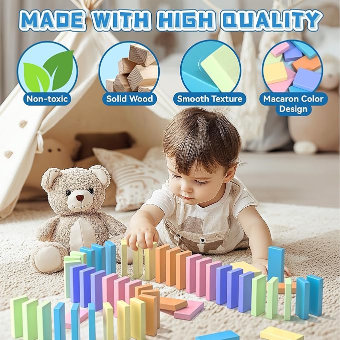 VigorFun 1000+ PCS Dominoes Set for Kids - Wooden Dominos with Extra Blocks and Storage Bag, Building Stacking Game Toys for 3+ Year Old Boys Birthday Gifts