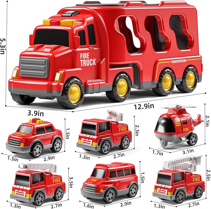 7-in-1 Fire Trucks for 3 4 5 6 Years Old Boys - Transport Car for Toddlers 4-6, Sound and Light Kids Toys for Ages 2-4, Gift for Ages 5-7, 4-8 Year Old Girl Birthday Gifts